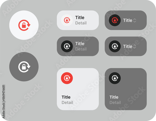 iOS style control center UI elements. Rotate lock, detail title buttons in light dark variants, rounded cards and segmented options for app settings and mobile interface designs. Security controls