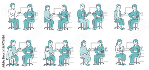 問診をする女性医師と様々な患者のセット（スクラブ・全世代）