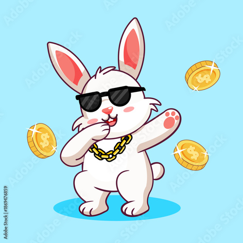 Cool Rabbit Dance in Dabbing Style with Gold Coin Floating Vector Illustration Cartoon Design