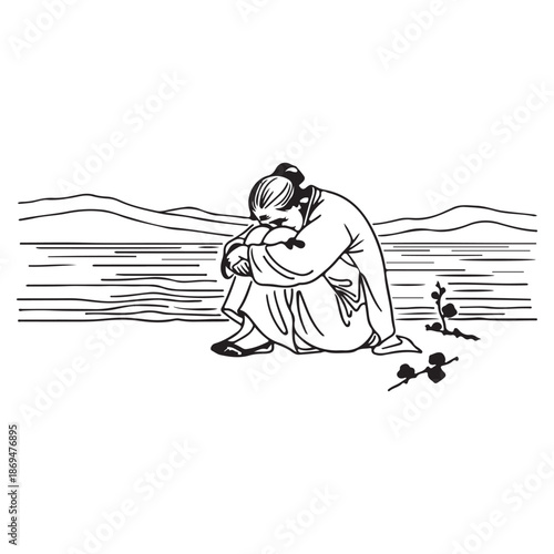 Sad Woman Sitting by the Shore Minimalist Ink Line Art Illustration