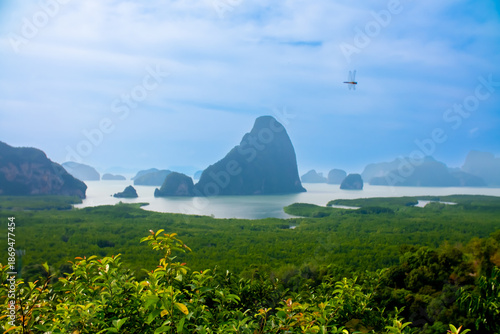 A view of Phang Nga Bay during the day. Samet Nangshe observation deck in Phang Nga Province, Thailand. A beautiful tropical landscape.