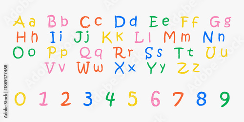 Hand drawn crayon kids english font with playful doodle texture. Childish alphabet and numbers in colorful wax crayon look. Cute kindergarten handwriting for posters and learning designs.