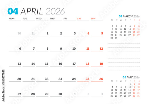 April 2026 Monthly Calendar Template for Planning and Organization helps structure workweek agendas using minimalist grid layout. Week starts on Sunday. Great for daily productivity