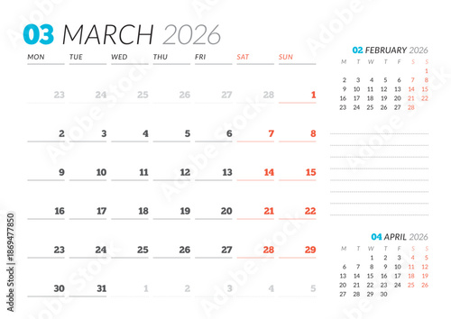 March 2026 Monthly Calendar Template for Planning and Organization streamlines personal and office task scheduling with blank structured fields. Week starts on Sunday. vector illustration