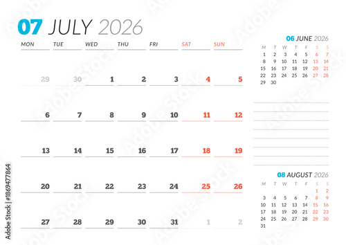 July 2026 Monthly Calendar Template for Planning and Organization provides optimal layout for structured task lists and weekly deadlines. Week starts on Sunday. Ideal for remote work