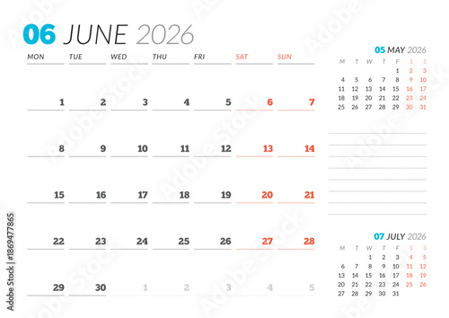 June 2026 Monthly Calendar Template for Planning and Organization simplifies weekly organization with structured lines and clear layout. Week starts on Sunday. vector illustration