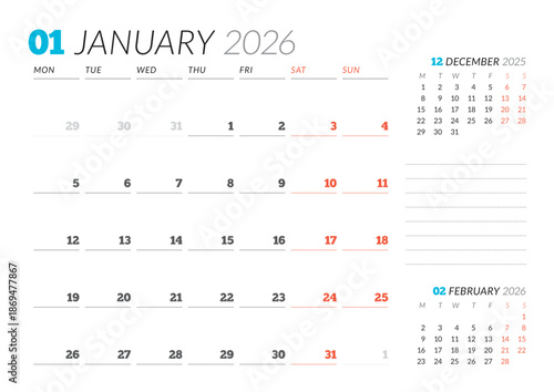 January 2026 Monthly Calendar Template for Planning and Organization enhances scheduling precision and weekly structure with minimalist blank lines. Week starts on Sunday. vector illustration