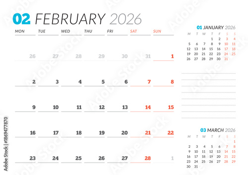 February 2026 Monthly Calendar Template for Planning and Organization improves team workflow and daily task tracking with clear minimalist layout. Week starts on Sunday. vector illustration