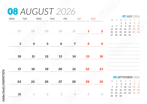 August 2026 Monthly Calendar Template for Planning and Organization supports clear organization of appointments with simple structure. Week starts on Sunday. Suitable for hybrid teams