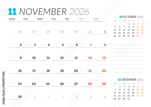 November 2026 Monthly Calendar Template for Planning and Organization assists in structured planning and goal setting with minimal lines. Week starts on Sunday. Great for professionals