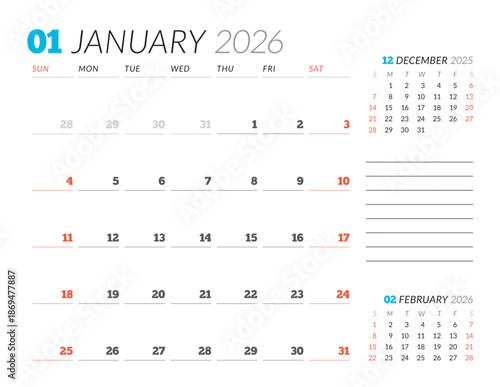January 2026 Monthly Calendar Template enhances productivity with minimalist blank lines, ideal for office use and planning routines, boosts focus in business settings, vector illustration