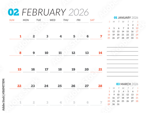 February 2026 Monthly Calendar Template improves team coordination with minimalist blank lines, perfect for office meetings and efficient planning routines, boosts productivity, vector illustration