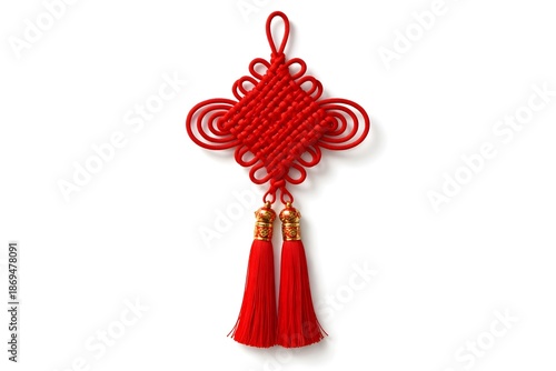 Red Chinese Knot Decoration with Tassels Isolated on White Background