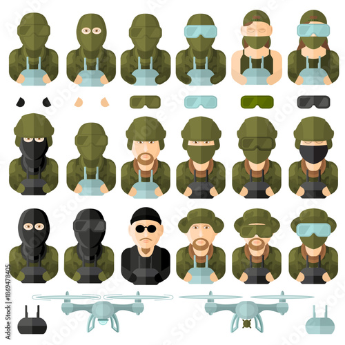 Military Avatars of Soldiers, Drone Operators And Different Drones Set. Vector illustration Isolated On White. Soldiers, Masks, Helmets, Goggles