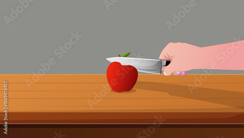 Hand Holding Knife Cutting Apple on Wooden Table Illustration