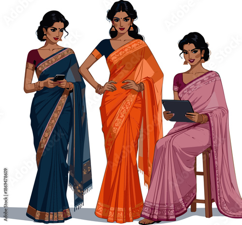 Isolated a kinds of deferent smart women saree vector art with white background.