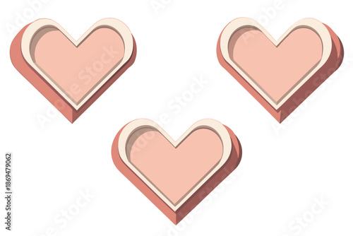 Three decorative pink heart shapes with a subtle 3D effect, vector
