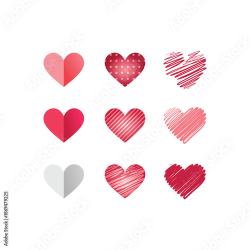 Set of different simple red hearts isolated on white for Valentines day