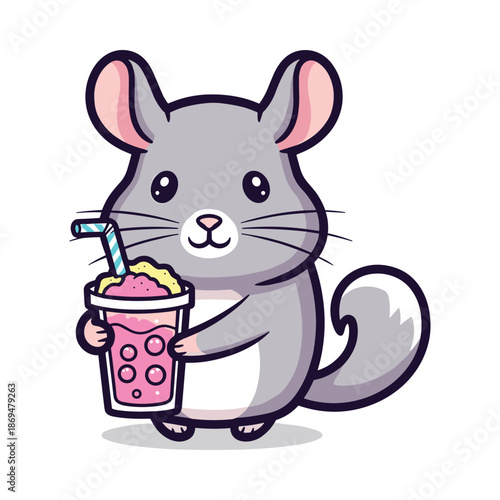 Charming Chinchilla with Refreshing Drink Illustration