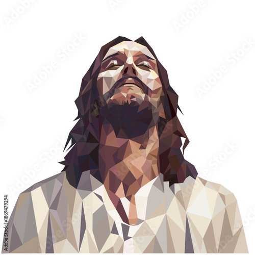 Polygonal geometric vector illustration of Jesus Christ praying and looking upward. Low poly style with flat color shapes on a white background, conveying faith, hope, spiritual devotion