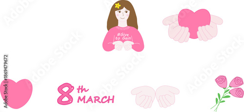 give to gain - 8 th March - cute girl in a pink  jacket - vector image