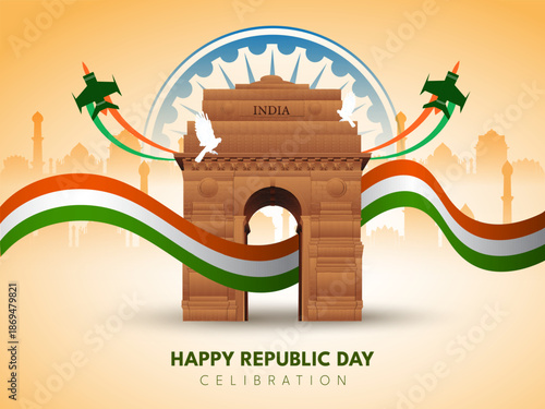creative  vector illustration on 26 January Republic day of India with tricolor flag, red fort and jet.