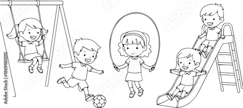 Black and white line art drawing of happy kids playing various activities: swing, slide, soccer, jump rope. isolated PNG with Transparent Background