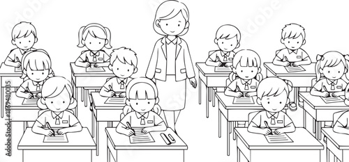 Black and White Illustration of Teacher Walking in Classroom with Students Writing at Desks isolated PNG with Transparent Background