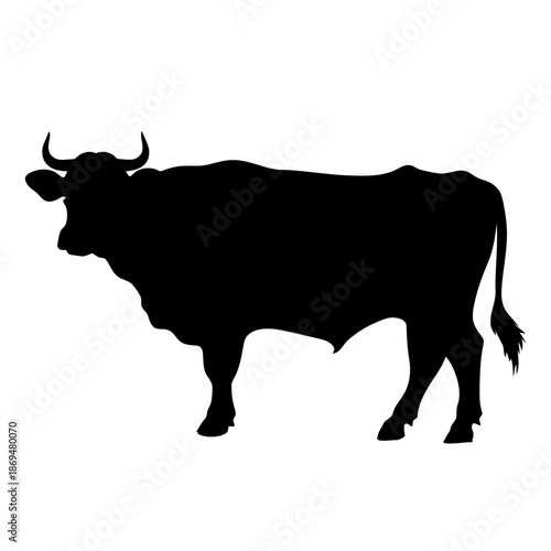 Detailed black silhouette of a bull or cow standing in profile. Horns and muscular build clearly visible. Pictogram of a farm or animal. Vector illustration.
