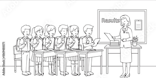 School Teacher Giving 'Results' to Students in Classroom Line Art Illustration isolated PNG with Transparent Background