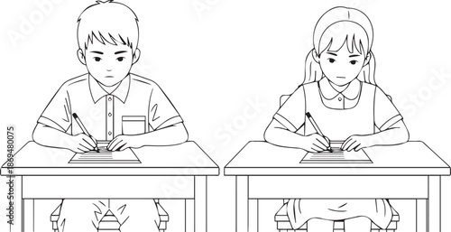 Boy and Girl Students Sitting at Desks Writing and Studying in Classroom isolated PNG with Transparent Background