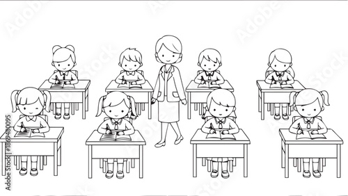 Line Art Illustration of Elementary School Teacher and Students Studying in Classroom isolated PNG with Transparent Background