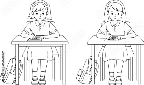 Black and White Line Art Illustration of Two Schoolgirls Studying at Desks with Backpacks isolated PNG with Transparent Background