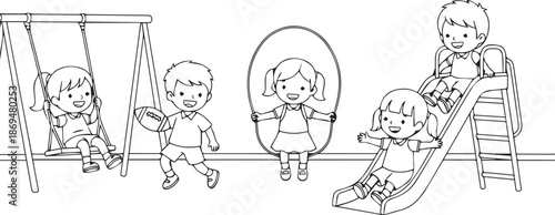 Outline Illustration of Happy Children Playing Various Playground Activities isolated PNG with Transparent Background