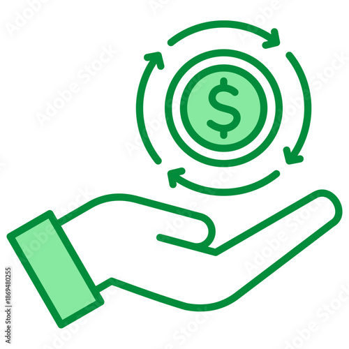 Dynamic illustration of a hand with a dollar coin symbol circulating above, representing money flow, financial exchange, or a payment cycle concept.