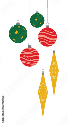 Assorted colorful Christmas ornaments including spheres and teardrop shapes hang elegantly from strings against a white background.