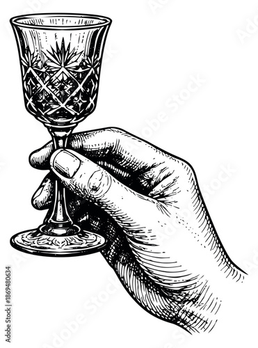 Hand drawn line art illustration of a hand holding a crystal glass depicting a toast for celebration
