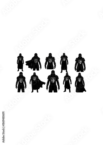 Future Medieval Neo Romantic Silhouette. Person in Tech Wear with Heraldic Crest for 2026 Cinematic Style and Modern Gothic Aesthetic Concept Vector.