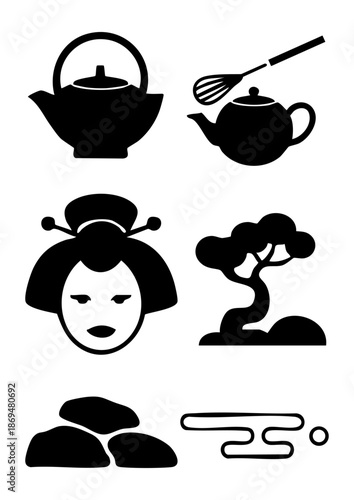 Japanese tea ceremony and geisha silhouette icon set, Traditional zen garden and oriental tea culture vectors, Minimalist Japanese symbols for wellness and spa branding