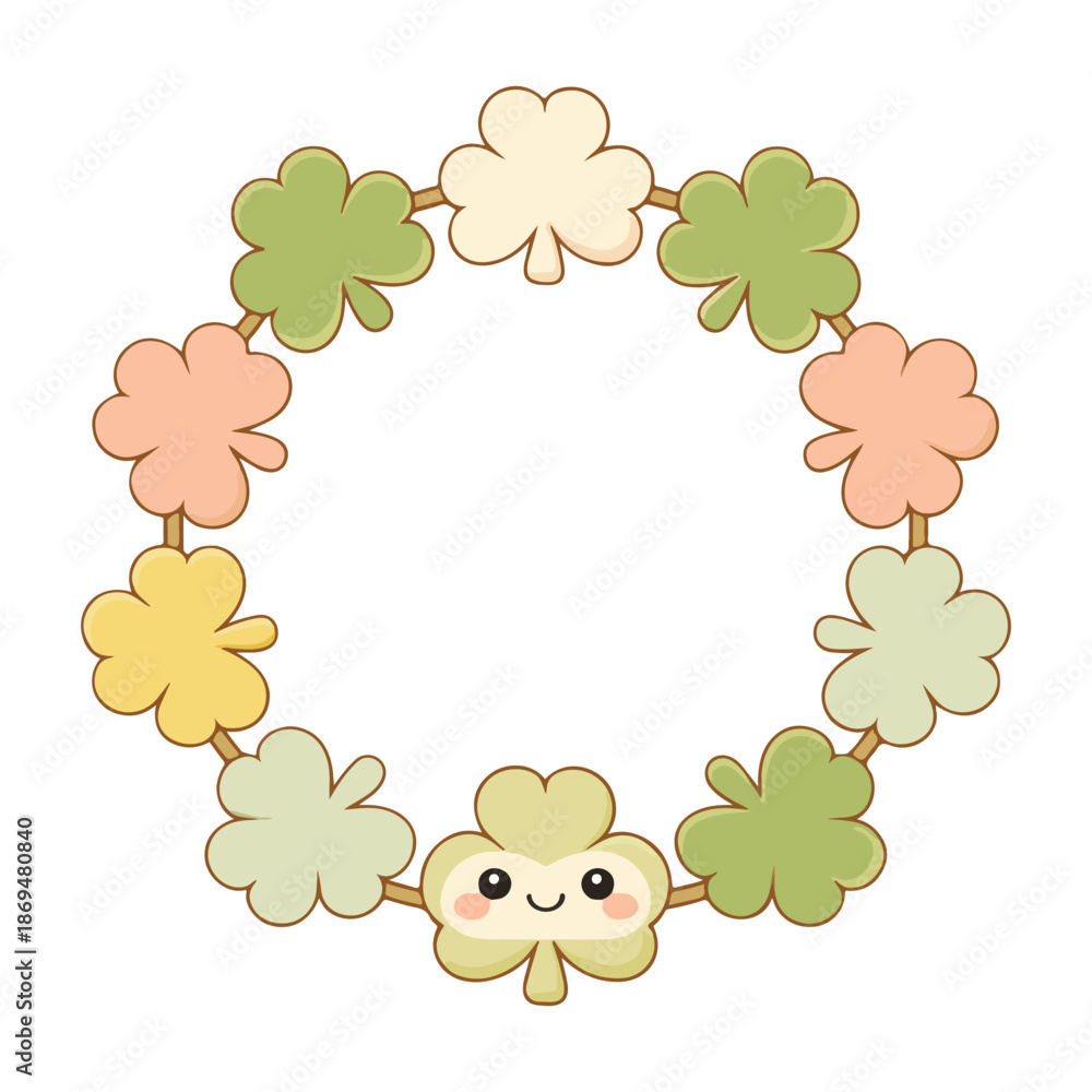 Fototapeta premium Retro Clover Garland Loop illustration, Groovy St Patrick’s Day Clipart, Cute Kawaii Shamrock, Retro Irish Green art, Kawaii St. Patrick's Day, St. Pattys day Design