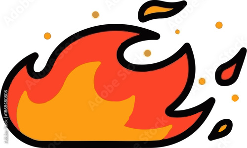 Stylized, cartoon-like depiction of a vibrant flame with orange and red hues, sparks around it