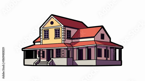 Stylized, cartoonish house with a prominent porch, pitched roofs, and detailed windows