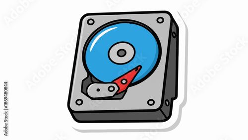 Stylized, cartoonish internal hard drive with a blue spinning disc and red read/write arm