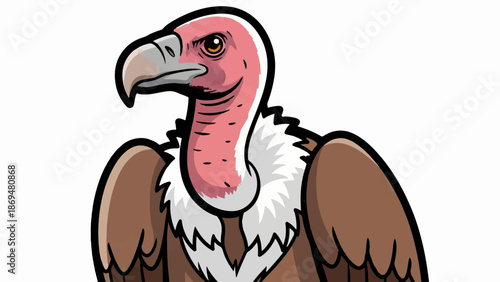 Stylized cartoon vulture with pink neck, brown feathers, and a sharp beak