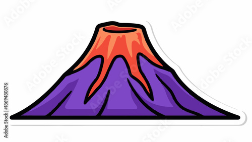 Stylized cartoon volcano with purple slopes and orange lava eruptions