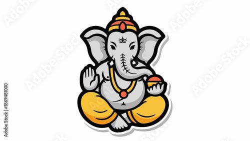 Stylized cartoon of a seated elephant-headed deity with raised hand and holding a sweet