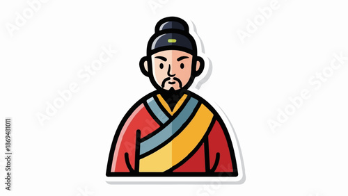 Stylized cartoon of a man in traditional Asian attire with a hat