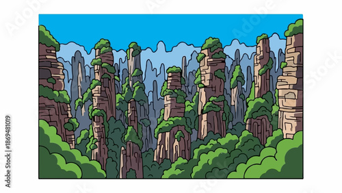 Stylized cartoon of a mountainous landscape with tall rock pillars covered in green foliage under a blue sky