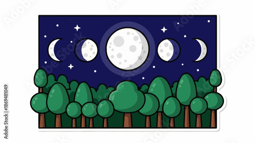 Stylized cartoon night scene with a forest beneath a starry sky and the moon in various phases