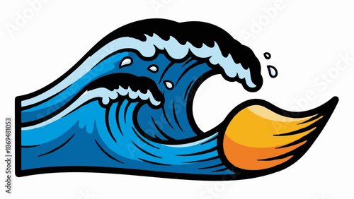 Stylized cartoon ocean wave in motion, with blue water, white foam, and a yellow sun or landform